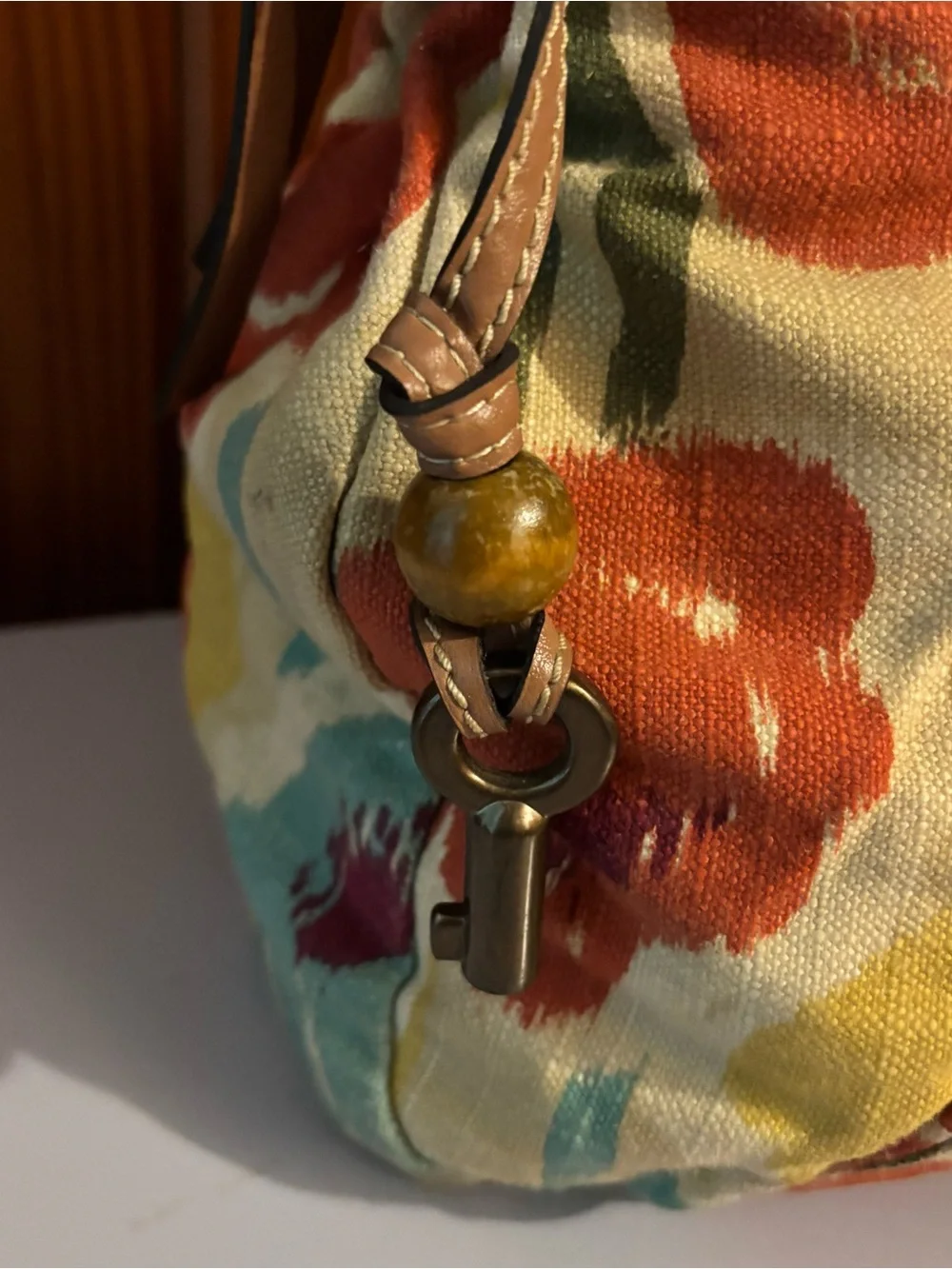 Vintage Fossil Floral Canvas Tote in Orange, Yellow & Teal with Wood Handle